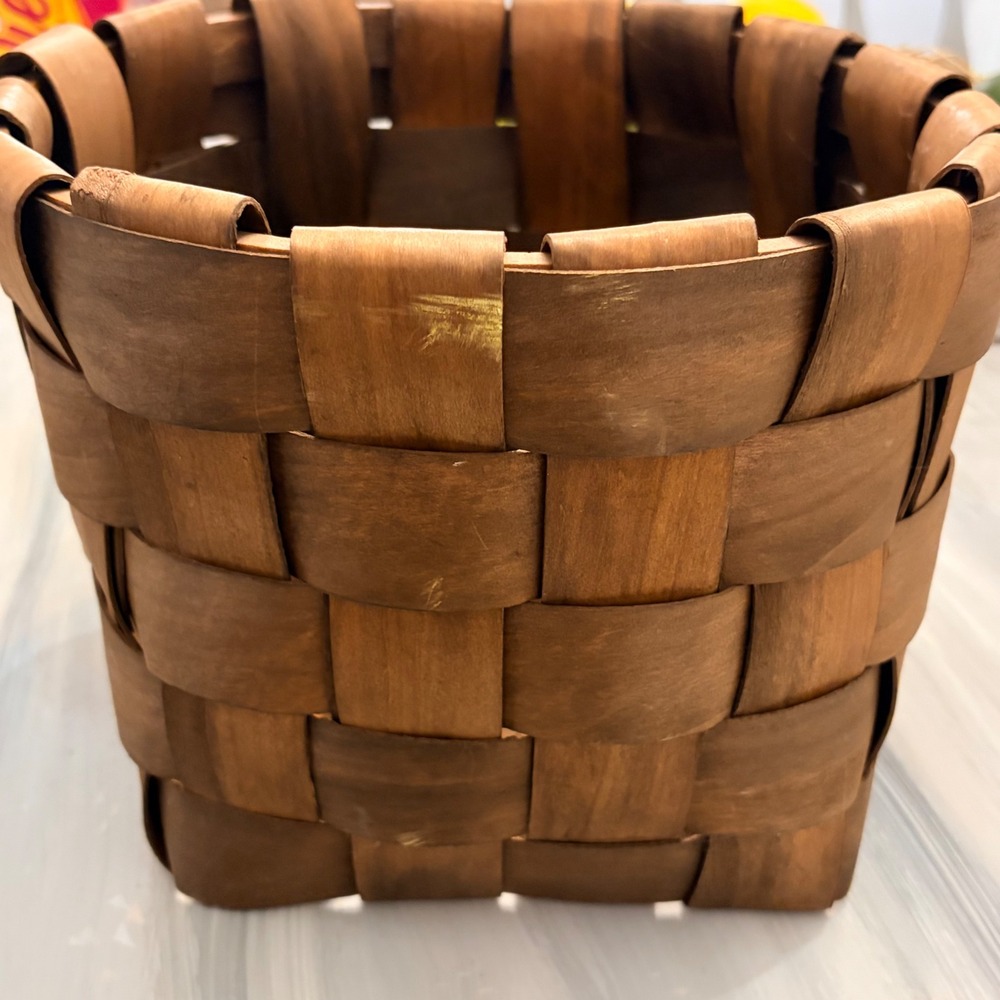 Handcrafted Square Woven Wood Basket Warm Brown Rustic Farmhouse Decor 8.5 Inch